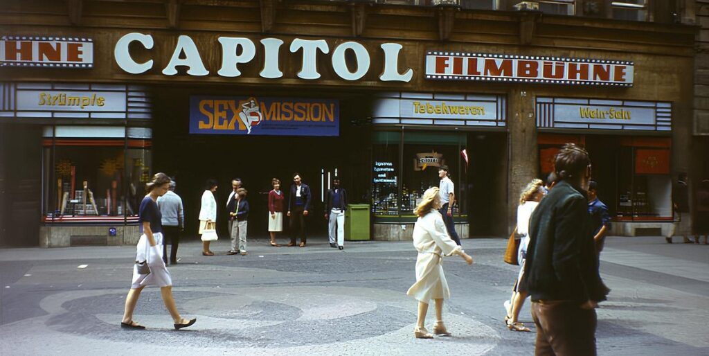 Menschen gehen vor dem Kino Capitol in Berlin vorbei, das für seine vielfältigen Filmangebote bekann.
