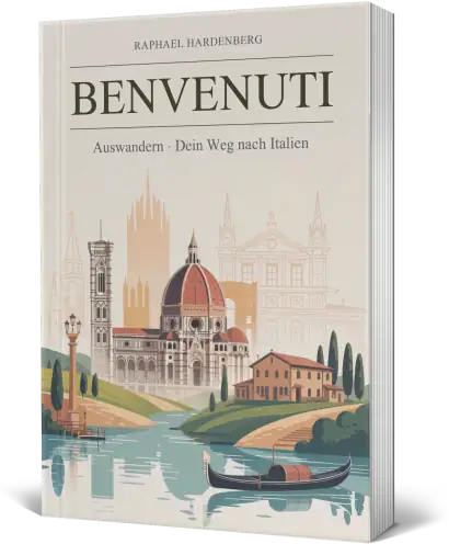 Buchcover von "Benvenuti" mit italienischer Stadtansicht und Wasser.