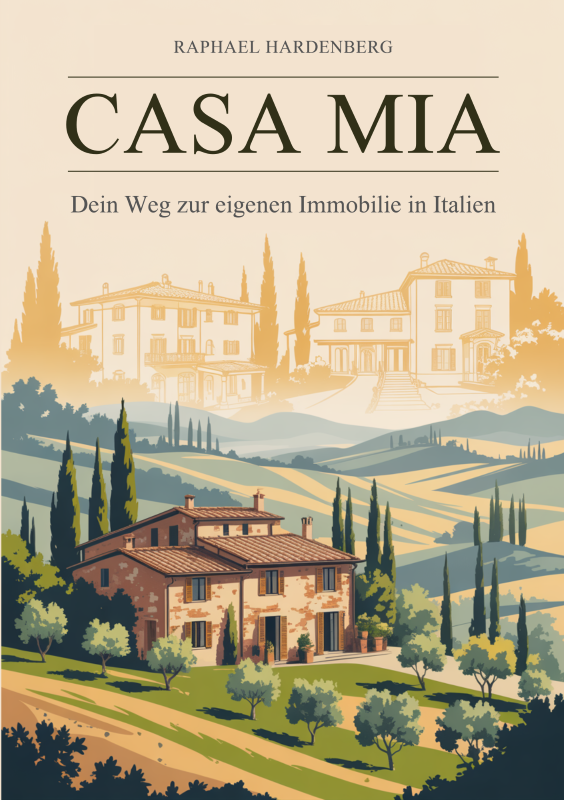 Buchcover „Casa Mia – Dein Weg zur eigenen Immobilie in Italien“ von Raphael Hardenberg mit toskanischem Landhaus und Hügellandschaft