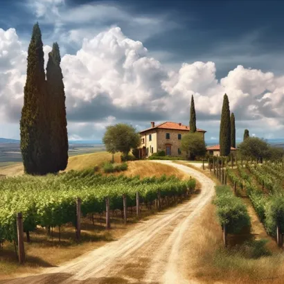 Weingut in der Toskana mit Zypressen und Weinreben, sonniger Himmel.