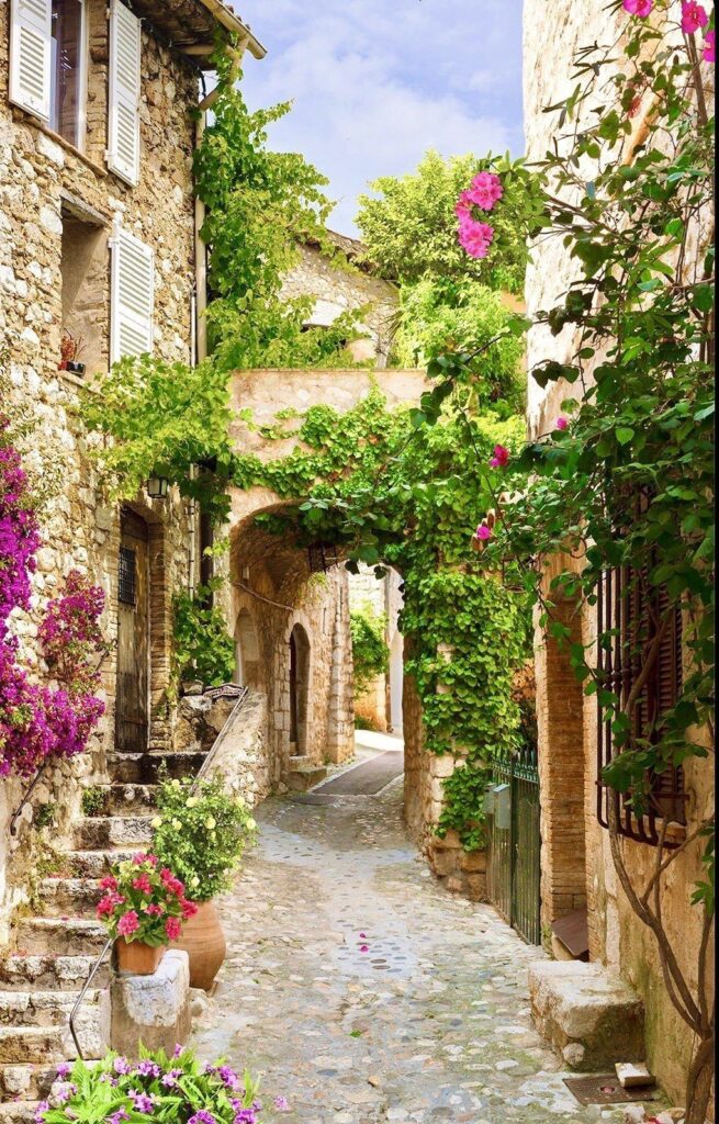 Malerische enge Gasse mit Blumen und alten Steinhäusern in Italien.