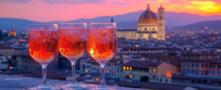 Dachterrasse einer Rooftop Bar mit Blick über Florenz und den Dom