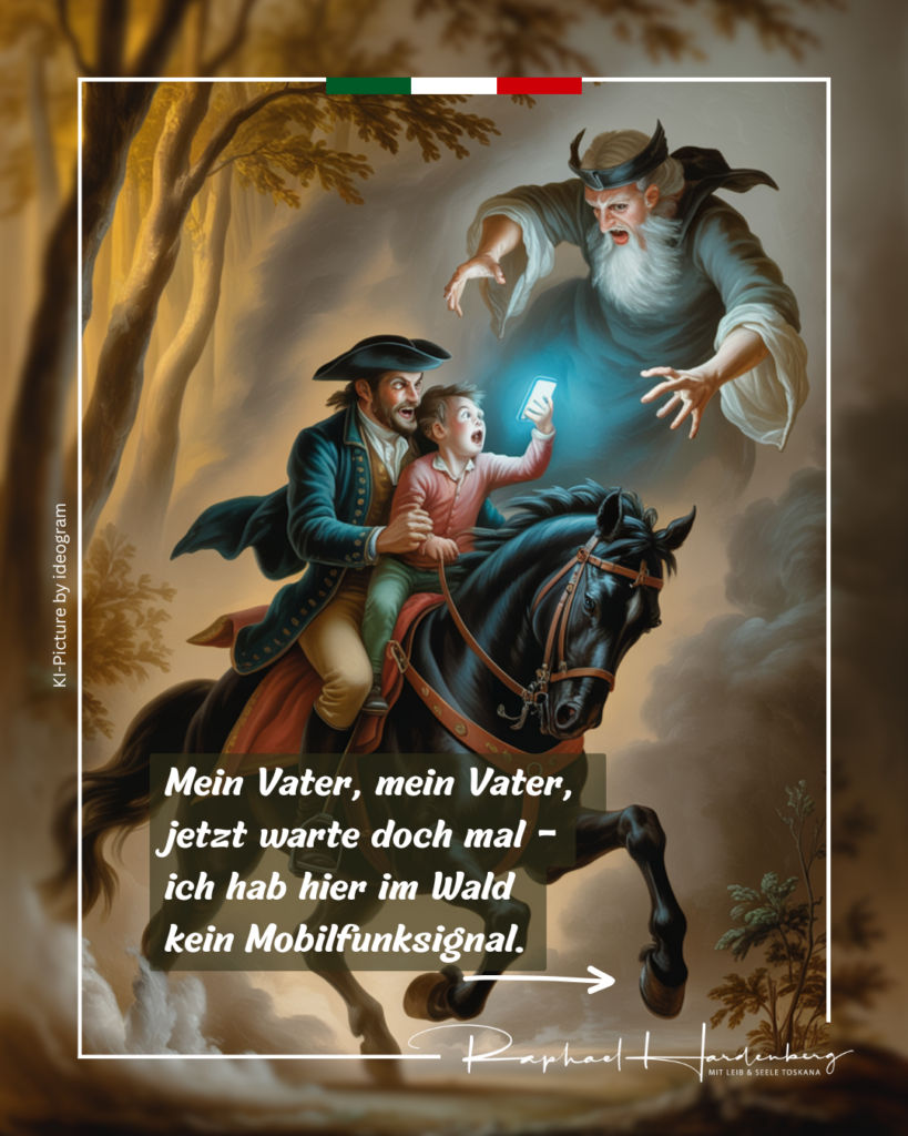 Goethes Erlkönig als humorvolle Neuinterpretation mit Smartphone und fehlendem Mobilfunksignal im Wald