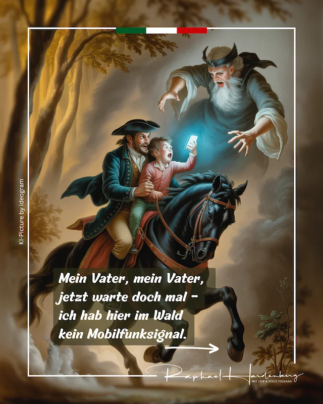 Erlkönig-Parodie mit Vater und Sohn auf dem Pferd und Handy ohne Mobilfunksignal
