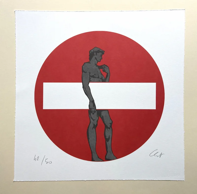 Toskana Wochenschau – Clet-Abraham-Verkehrsschild mit Michelangelos David