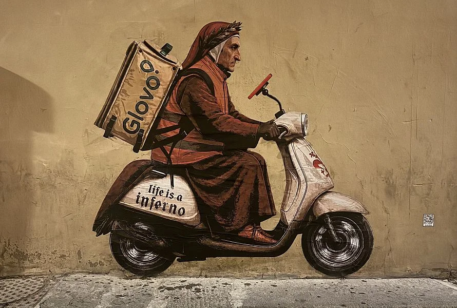 Toskana Wochenschau – Street-Art mit Dante auf einer Vespa in Florenz
