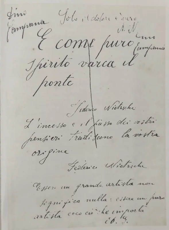 Handschriftliche Seite aus Dino Campanas Manuskript Il più lungo giorno – Toskana Wochenschau