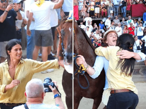 Toskana Wochenschau: Tierärztin Jenna Viargues feiert mit Pferd und Jockey den Palio-Sieg der Contrada dell’Aquila