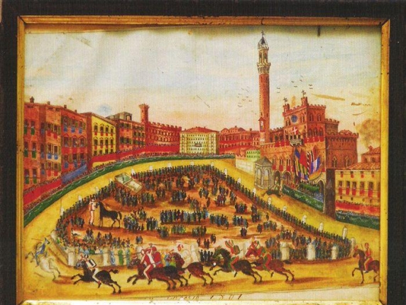 Historisches Gemälde des Palio di Siena in der Toskana Wochenschau