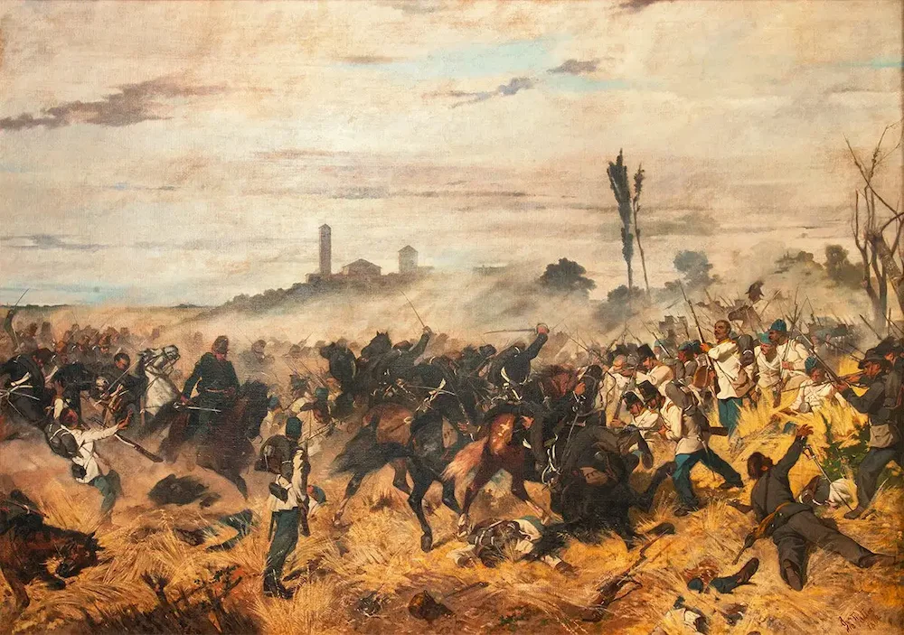 Giovanni Fattoris Gemälde „Carica di cavalleria a Montebello“ von 1862