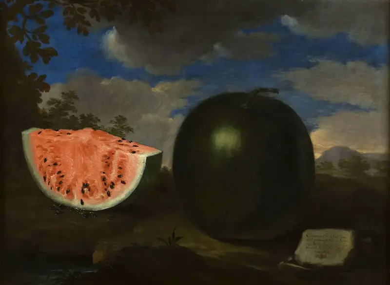 Gemälde einer ganzen und einer aufgeschnittenen Wassermelone von Bartolomeo Bimbi – Toskana Wochenschau