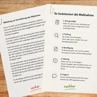 Texte vereinfachen – Vorher-Nachher-Beispiel eines verständlicher formulierten Textes
