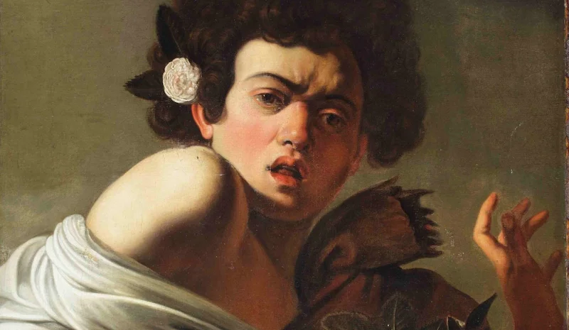 Caravaggio Ragazzo morso da un ramarro – Detail des erschrockenen jungen Mannes nach dem Biss einer Eidechse