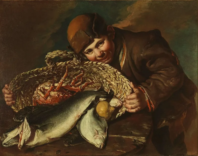 Toskana Wochenschau – Gemälde von Giacomo Ceruti mit Junge und Fischkorb