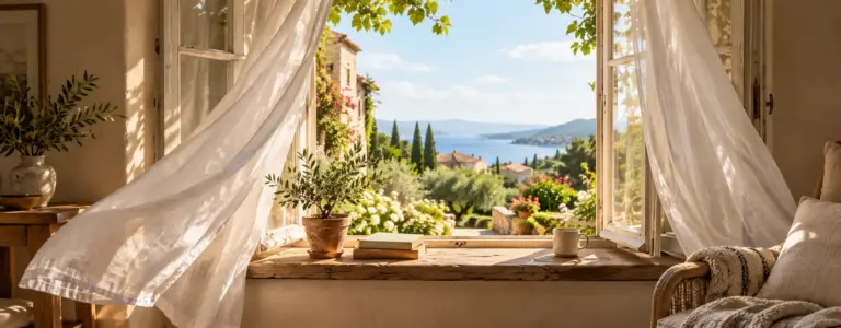 Leben und Sterben in Italien – offenes Fenster mit wehenden Vorhängen und Blick in eine mediterrane Landschaft