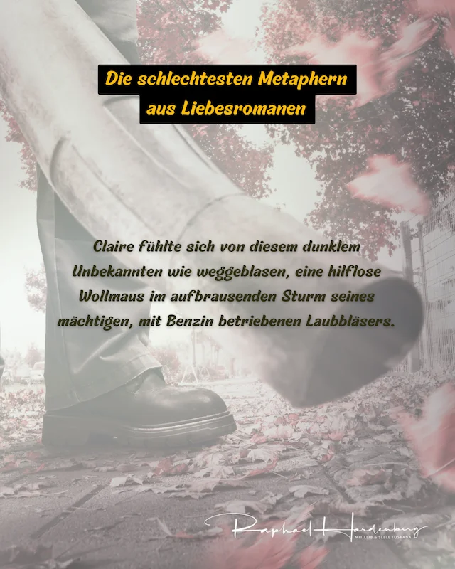 Schlechte Metaphern aus Liebesromanen – Frau wird mit einer Wollmaus im Sturm eines Laubbläsers verglichen