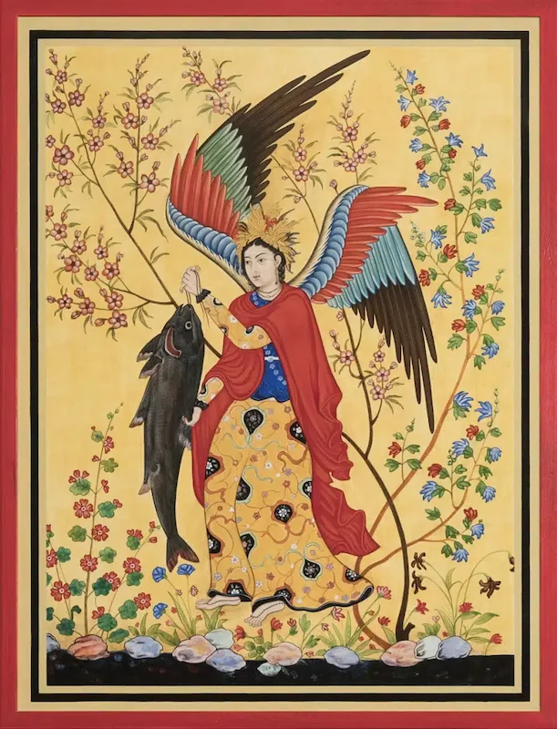Toskana Wochenschau – geflügelter Engel mit Fisch in der Ausstellung „Angeli“ in Siena