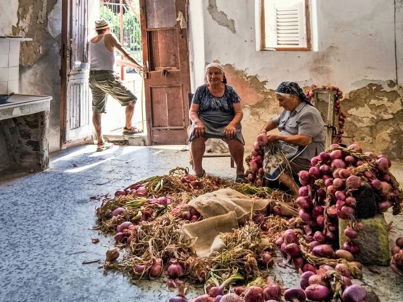 Toskana Wochenschau – zwei Frauen beim Bündeln der Cipolla di Patresi in einem traditionellen Raum auf Elba