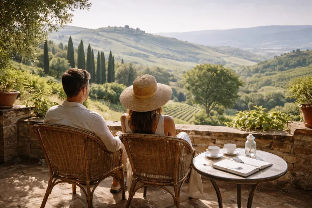 Typisch italienisch – Paar auf einer Terrasse mit Blick über die Hügel der Toskana